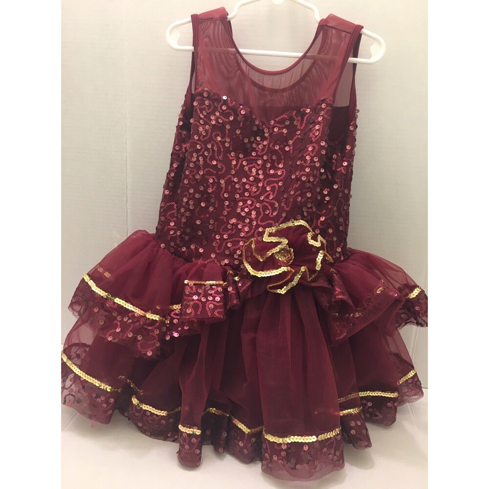Revolution Dance Ballet Costume Dress Sweet Melody Size LC Burgundy Gold School